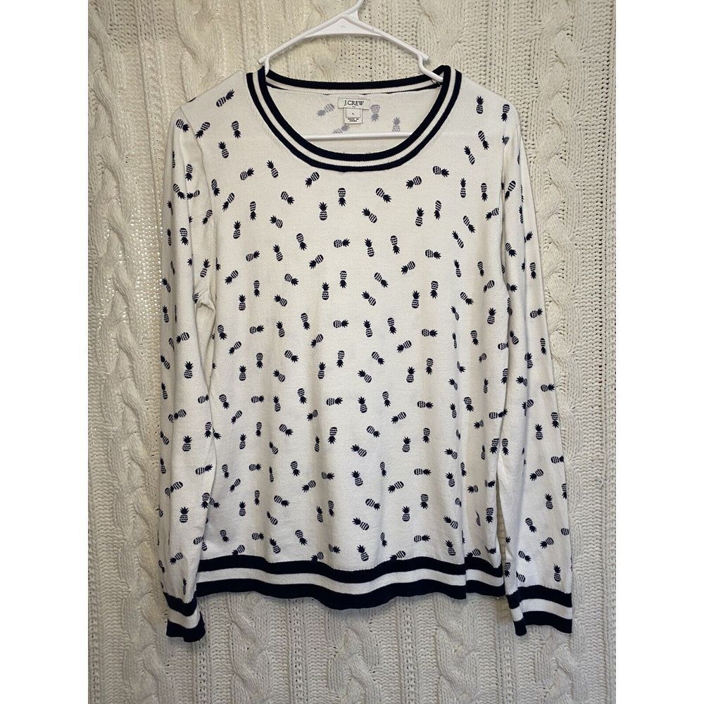 J. Crew All-Over Pineapple Navy/Cream Sweater Women's Sz L  Soft Cruisewear!‎